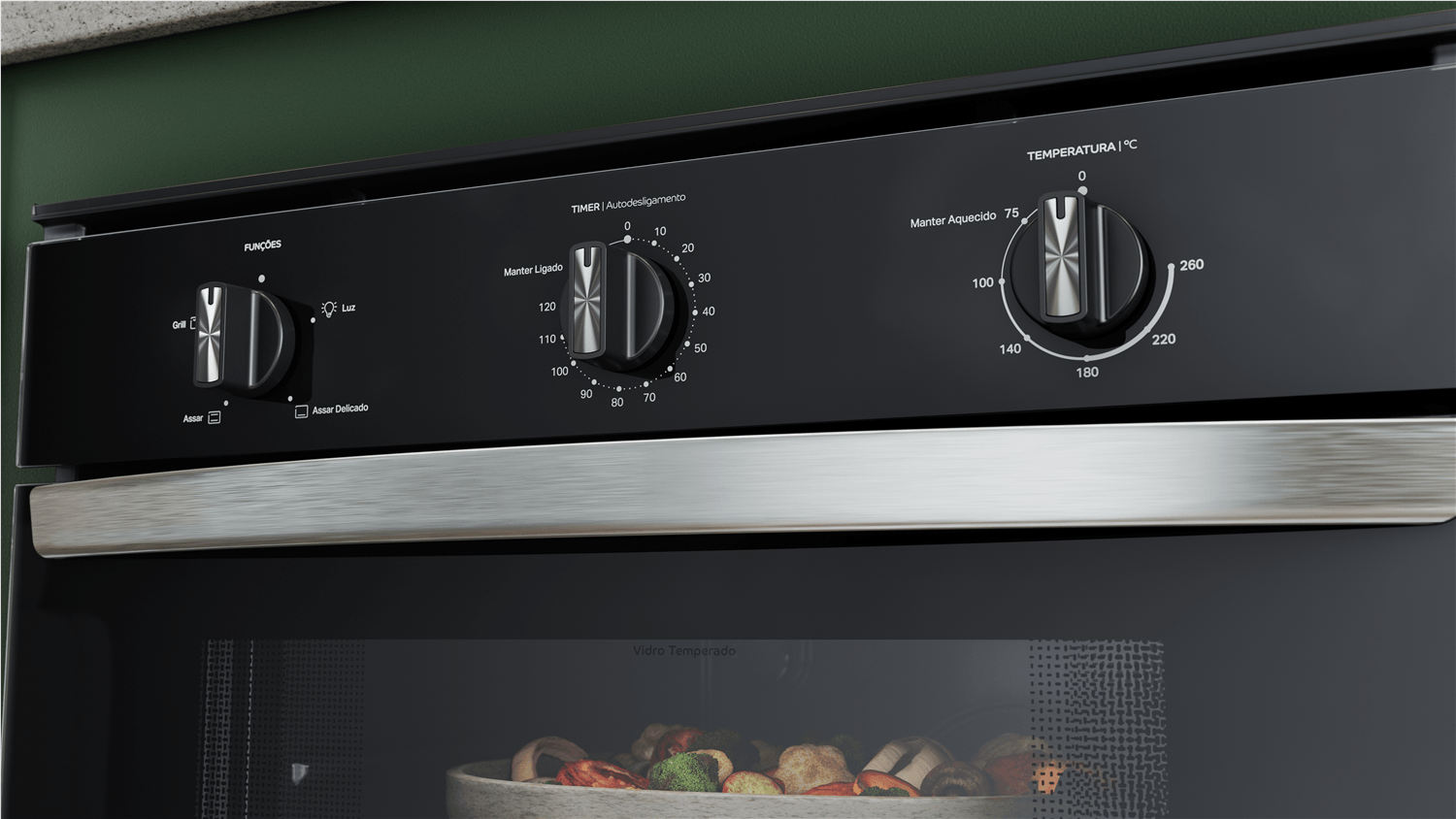Quer preparar pratos no forno sem nenhuma preocupação? Com o timer, você cozinha com segurança e tranquilidade, sem precisar vigiar o relógio. Assim que o tempo selecionado no timer acaba, o forno desliga automaticamente. Simples assim!