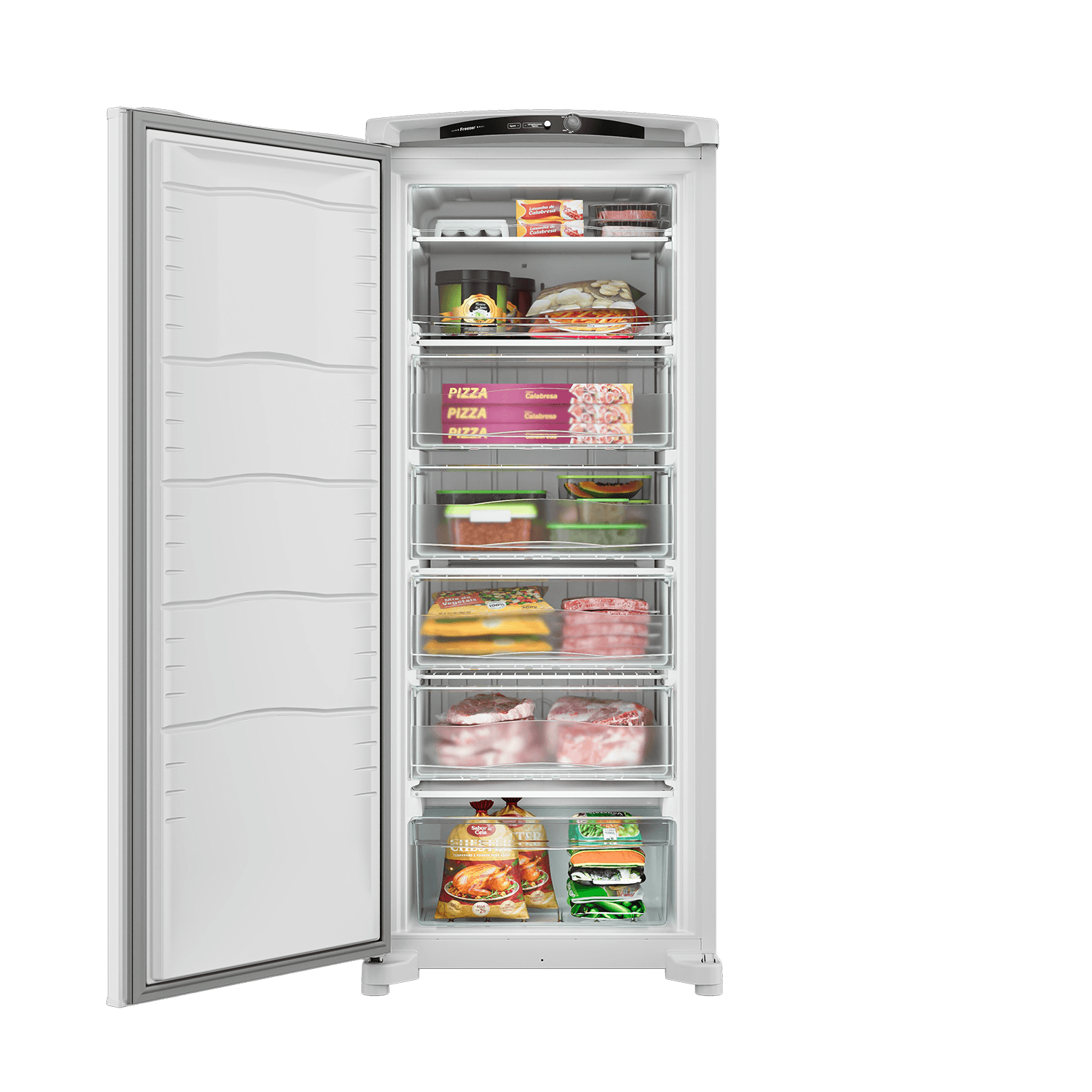 Chega de malabarismo para organizar os seus congelados! 5x maior que o freezer de uma geladeira[2], é espaçoso por dentro e se encaixa perfeitamente em qualquer lugar da sua casa.