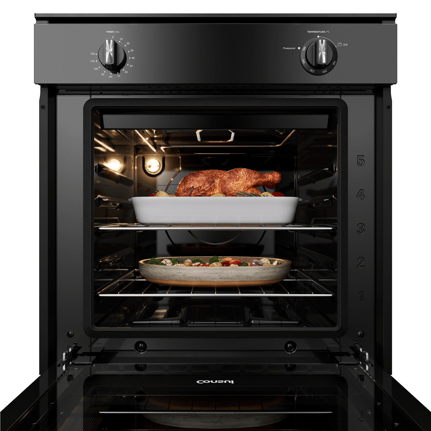 Agora você já pode cozinhar sem se preocupar com espaço no forno. Com as 2 prateleiras, você assa diferentes pratos de uma vez, e ajustando os 5 níveis de altura, prepara desde pequenos até grandes assados.