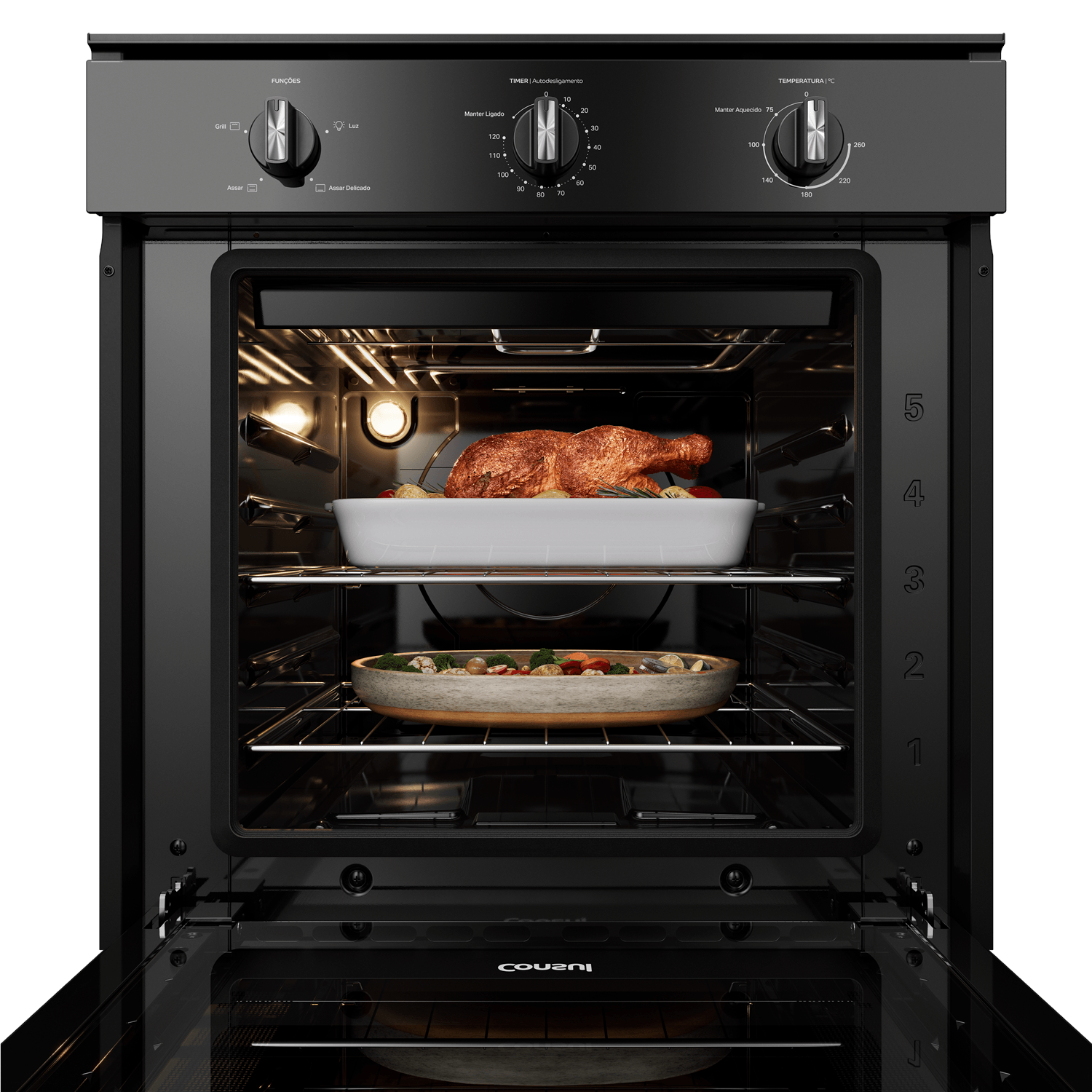 Agora você já pode cozinhar sem se preocupar com espaço no forno. Com as 2 prateleiras, você assa diferentes pratos de uma vez, e ajustando os 5 níveis de altura, prepara desde pequenos até grandes assados.