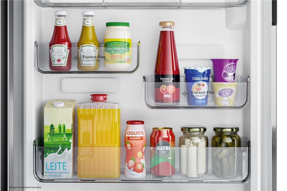 Compartimentos ajustáveis na porta, com mais de 10 combinações para você ajustar do seu jeito e guardar alimentos e potes de diferentes alturas.