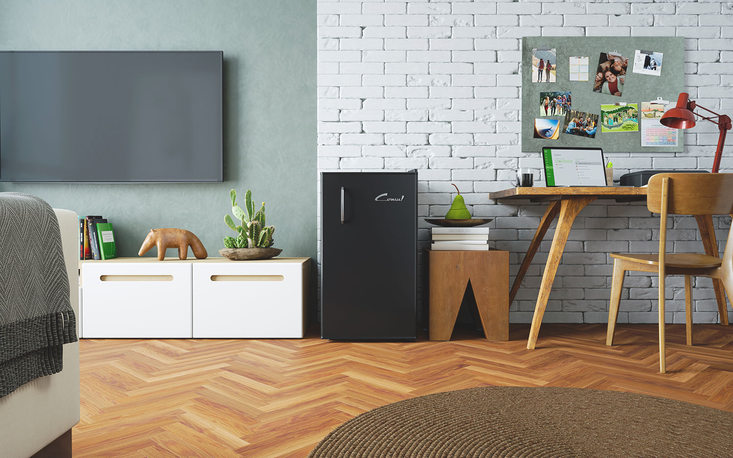Frigobar Consul Retrô nas cores preto e vermelho, seu visual exclusivo tem inspiração no design retrô, pensado com linhas minimalistas e puxador cromado.