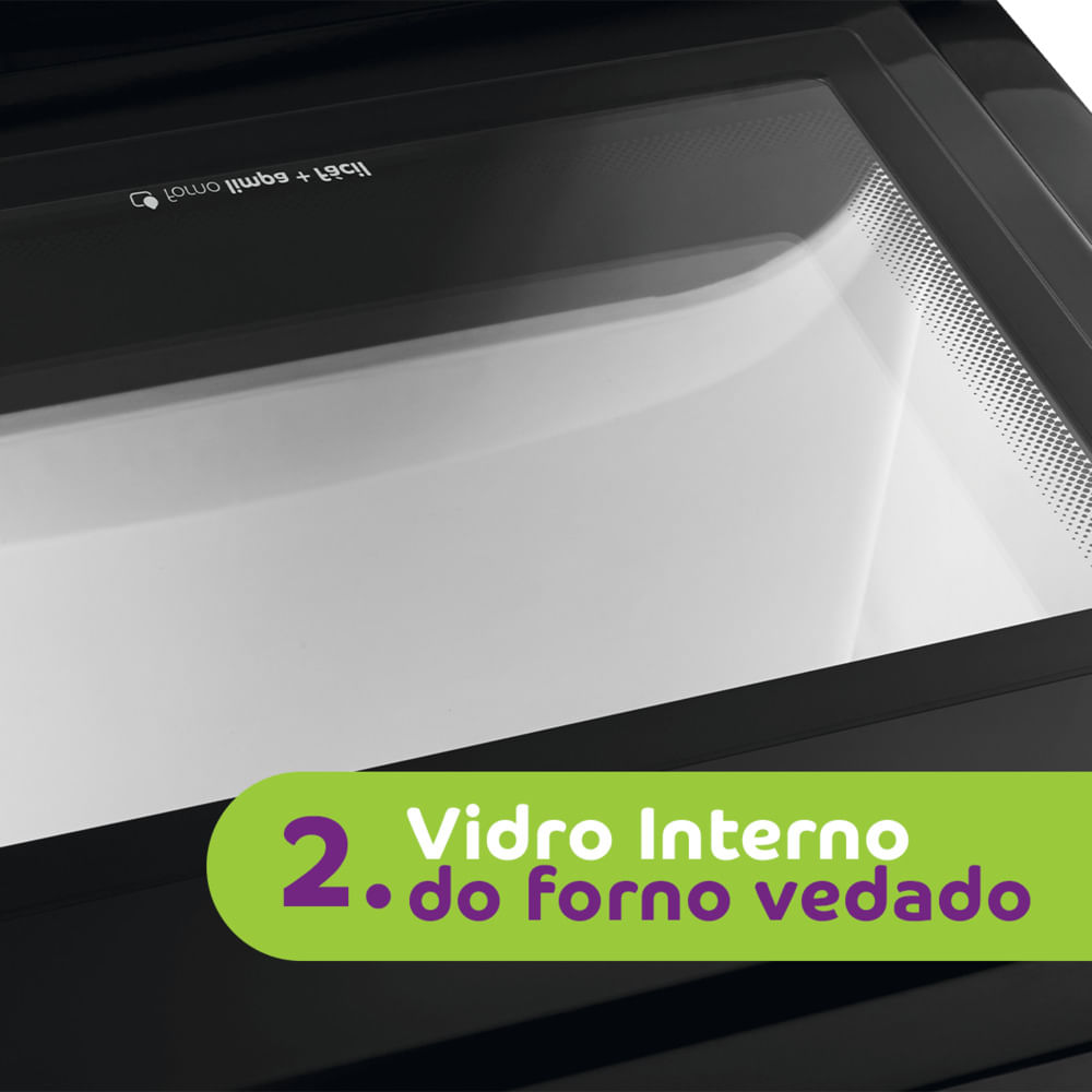 O vidro interno do forno é vedado, evitando o acúmulo de gordura ou sujeira entre os vidros da porta.