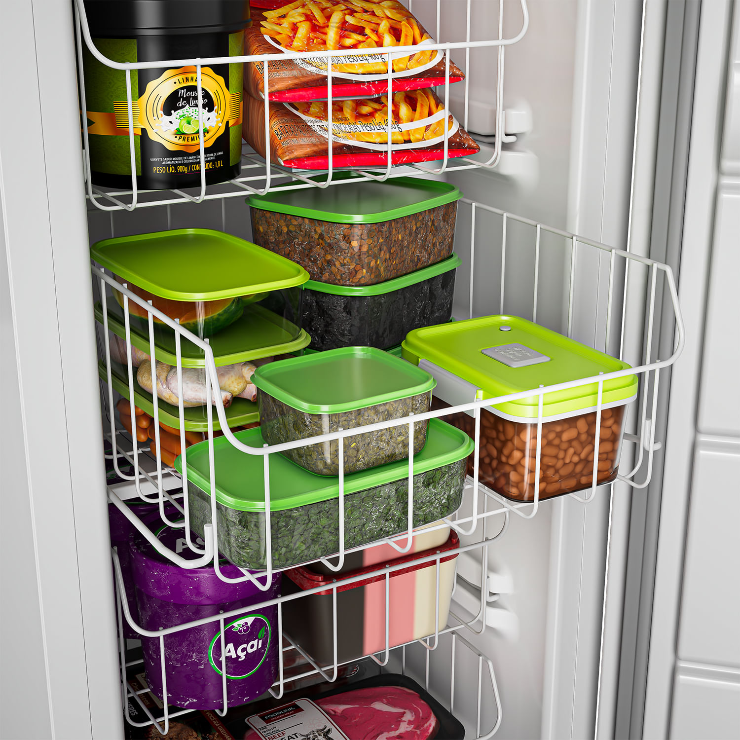 Tem o compartimento certo para cada tipo de alimento.