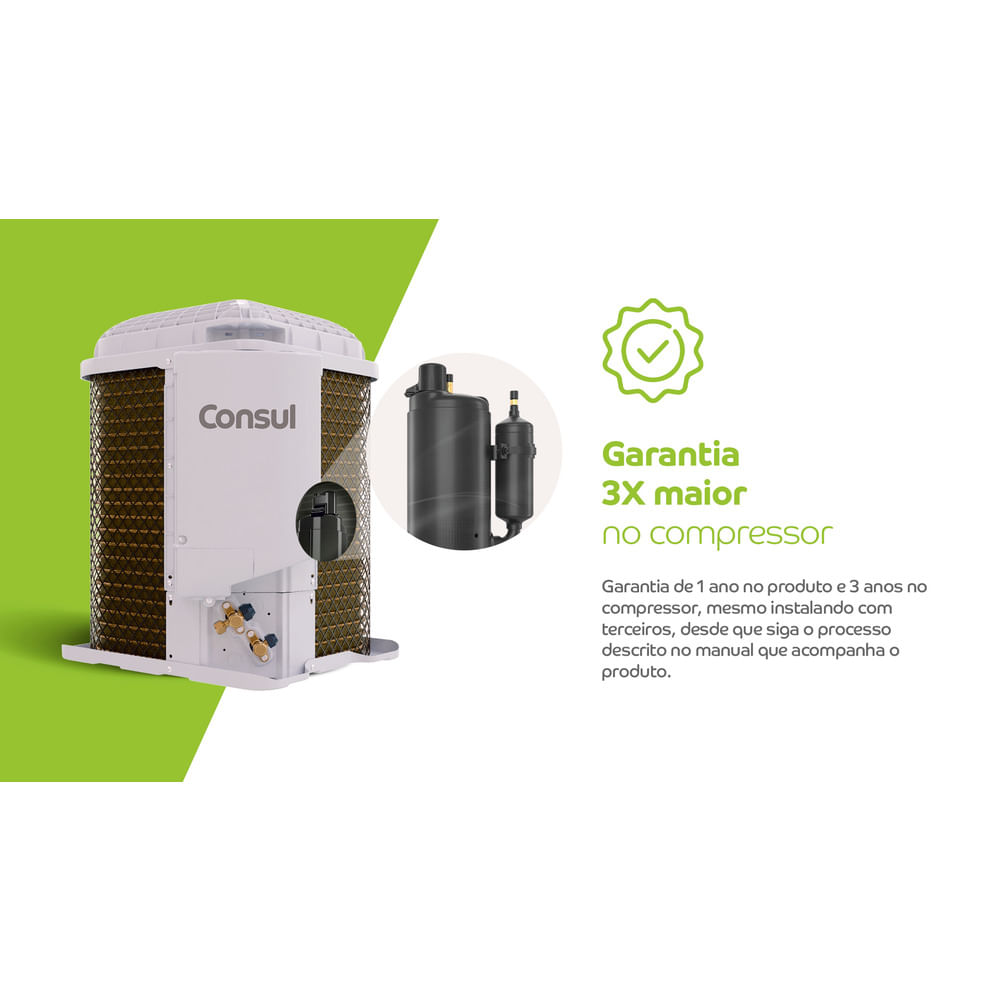Garantia de 1 ano no produto e 3 anos no compressor, mesmo instalando com terceiros, desde que siga o processo descrito no manual que acompanha o produto.