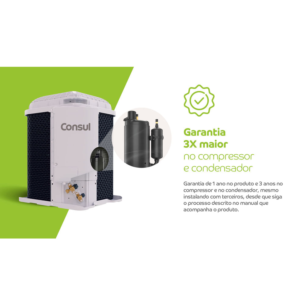 Garantia de 1 ano no produto e 3 anos no compressor e no condensador, mesmo instalando com terceiros, desde que siga o processo descrito no manual que acompanha o produto.