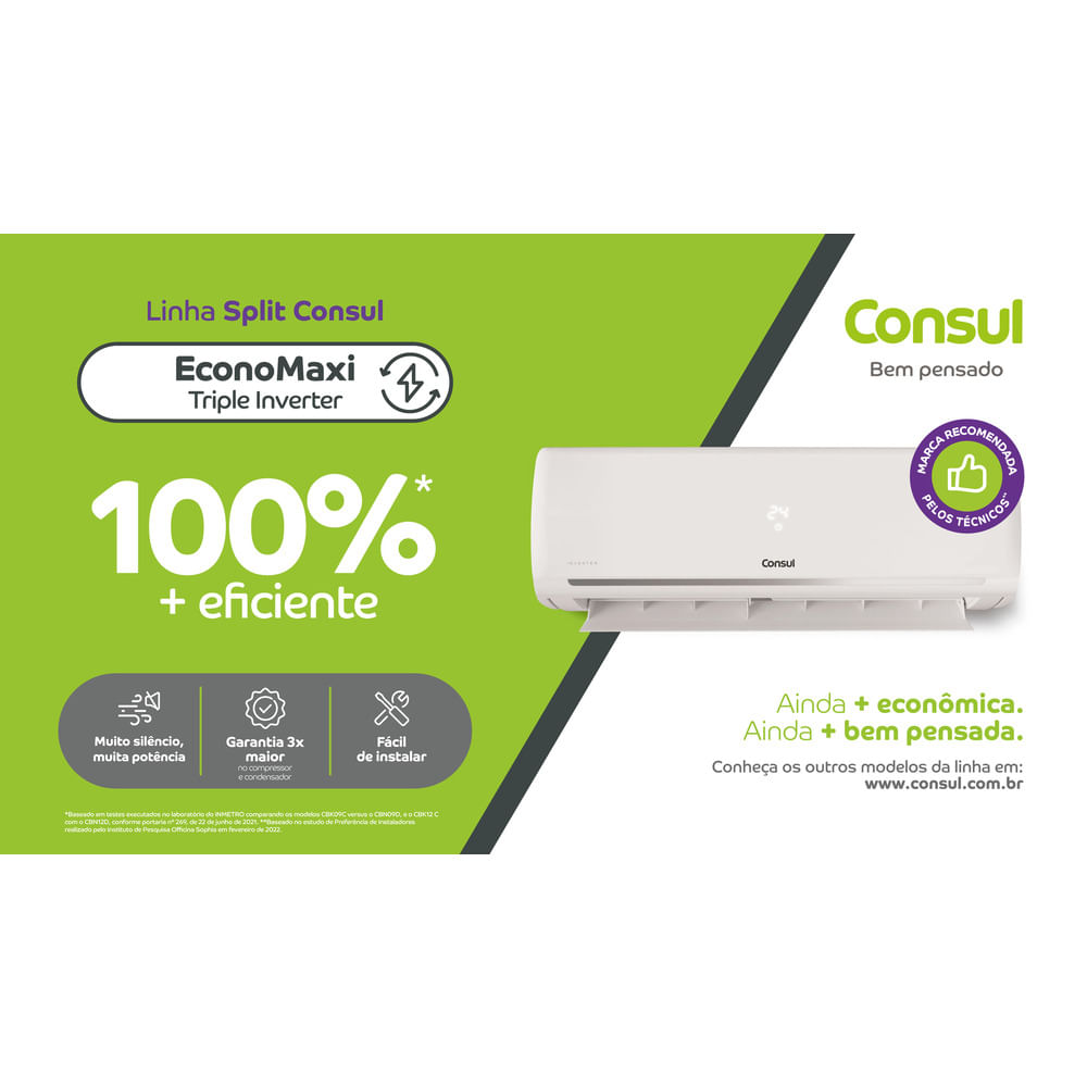 Mais eficiente pois conta com a tecnologia Triple Inverter, que possui dois motores DC Inverter e um compressor DC Inverter. Além disso, possui exclusiva tecnologia EconoMaxi que facilita a troca de calor na serpentina, tornando o produto mais eficiente e reduzindo o consumo de energia.