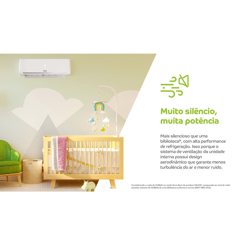 Mais silencioso que uma biblioteca**, com alta performance de refrigeração. Isso porque o sistema de ventilação da unidade interna possui design aerodinâmico que garante menos turbulência do ar e menor ruído.