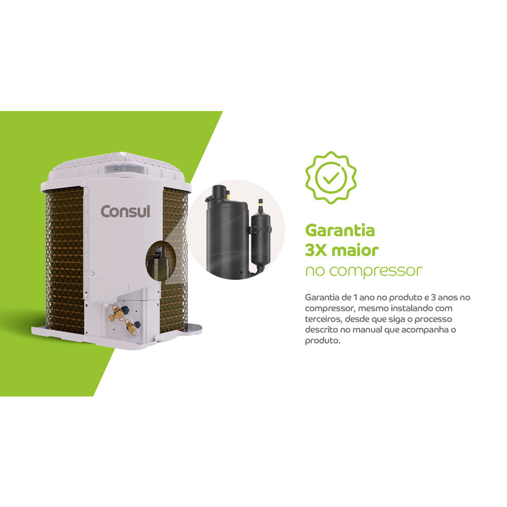 Garantia de 1 ano no produto e 3 anos no compressor, mesmo instalando com terceiros, desde que siga o processo descrito no manual que acompanha o produto.