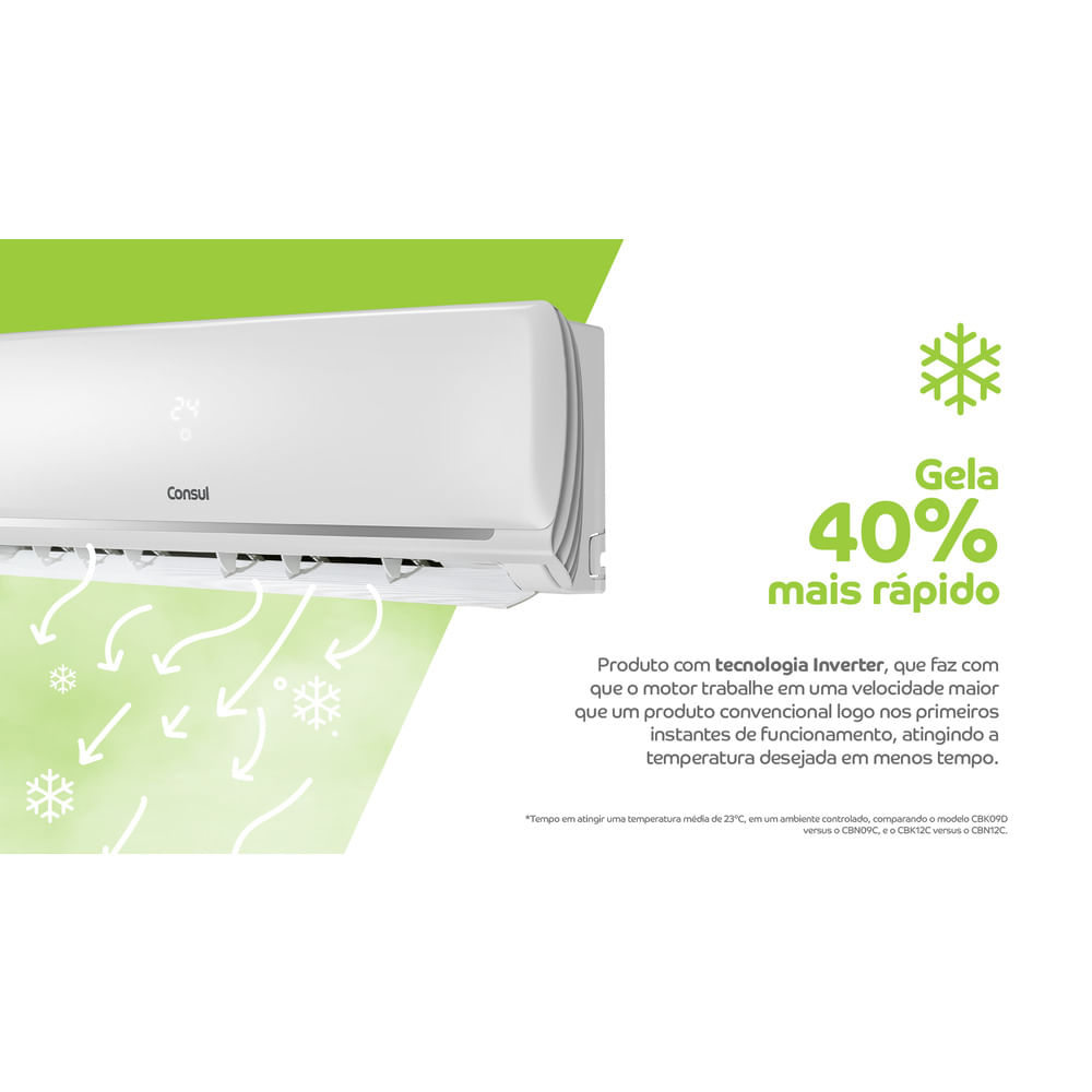 Produto com tecnologia Inverter, que faz com que o motor trabalhe em uma velocidade maior que um produto convencional logo nos primeiros instantes de funcionamento, atingindo a temperatura desejada em menos tempo.