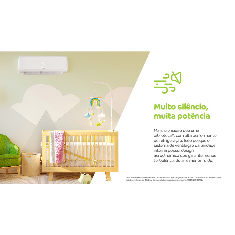 Mais silencioso que uma biblioteca**, com alta performance de refrigeração. Isso porque o sistema de ventilação da unidade interna possui design aerodinâmico que garante menos turbulência do ar e menor ruído.