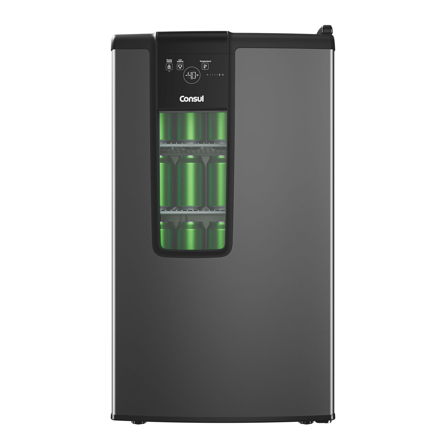 O display na porta oferece a praticidade que você precisa no dia a dia. Sem abrir a cervejeira, você pode selecionar e visualizar a temperatura, acionar a luz interna e travar o painel, tudo de forma fácil e intuitiva.