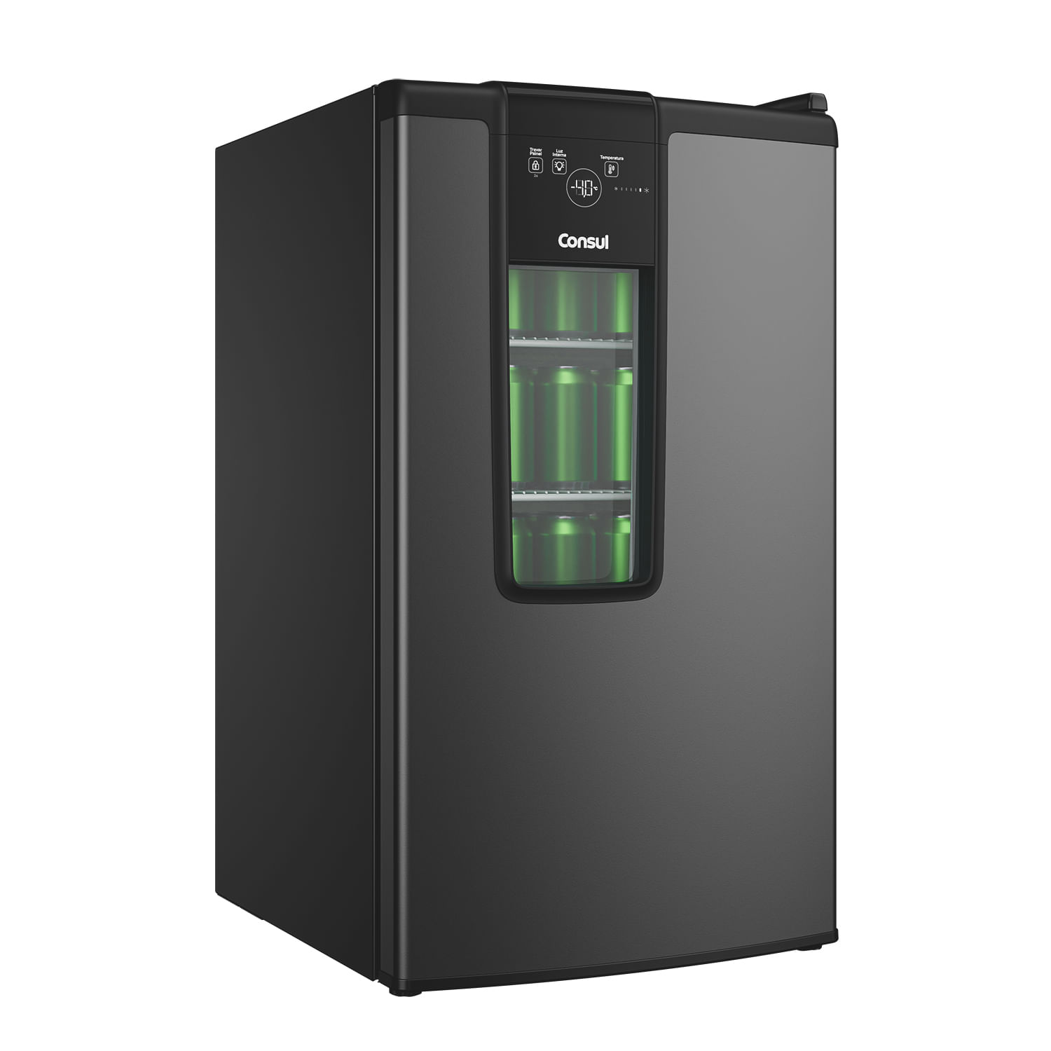 O design com detalhe em vidro une praticidade e estilo: Nem precisa abrir a porta para conferir quantas cervejas ainda tem!
