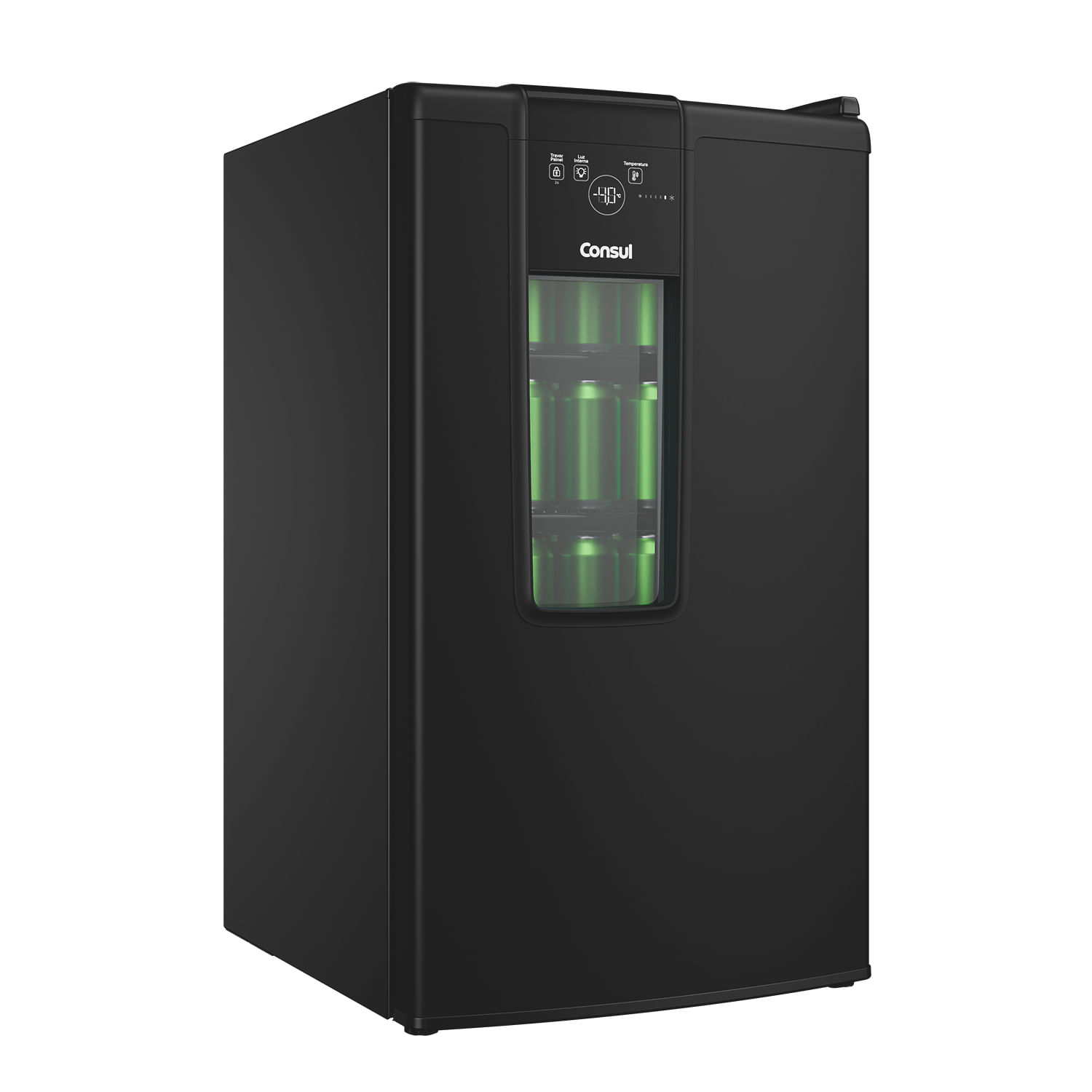 O design com detalhe em vidro une praticidade e estilo: Nem precisa abrir a porta para conferir quantas cervejas ainda tem!