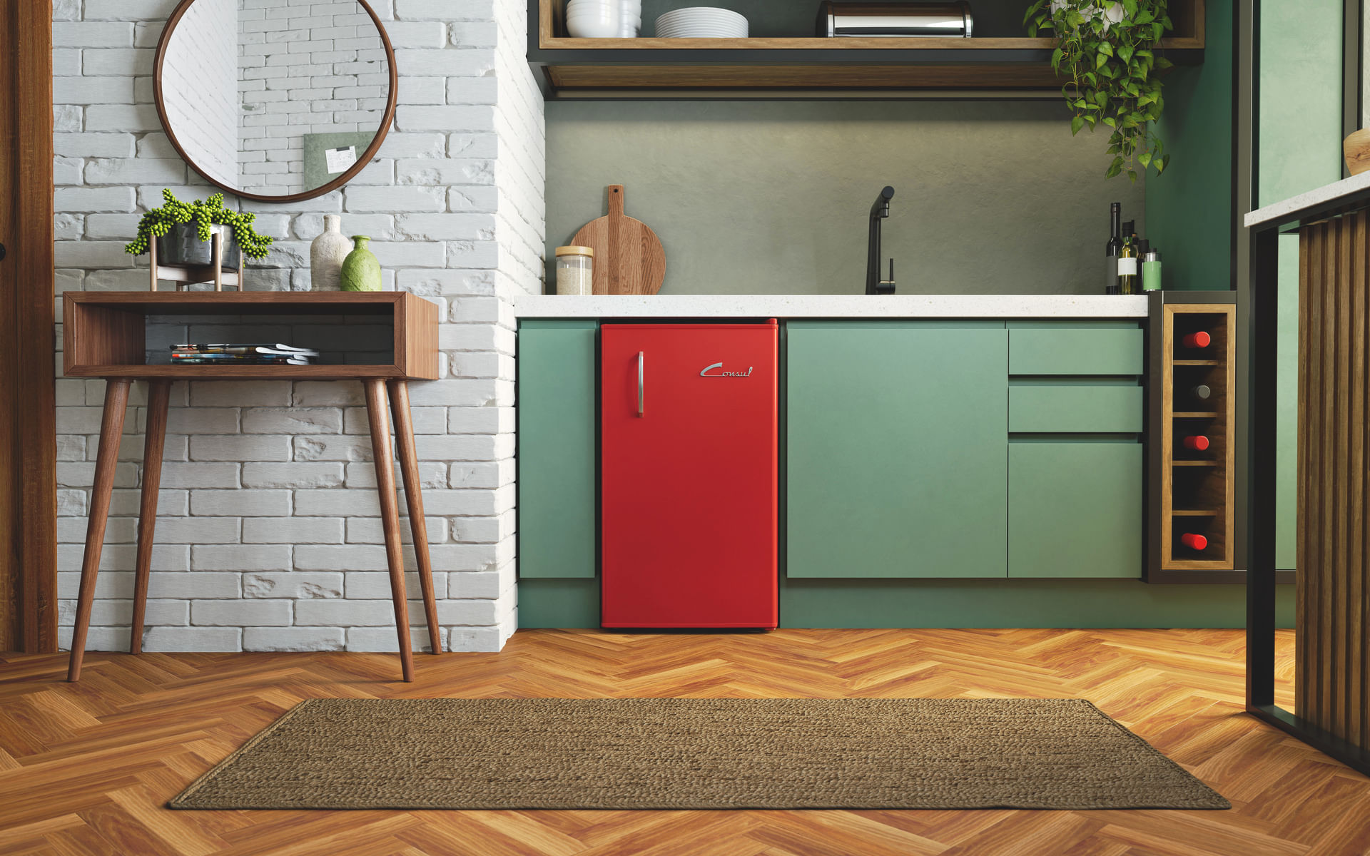 Frigobar Consul Retrô nas cores preto e vermelho, seu visual exclusivo tem inspiração no design retrô, pensado com linhas minimalistas e puxador cromado. Deixando o visual super versátil para encaixar perfeitinho em qualquer lugar da casa.
