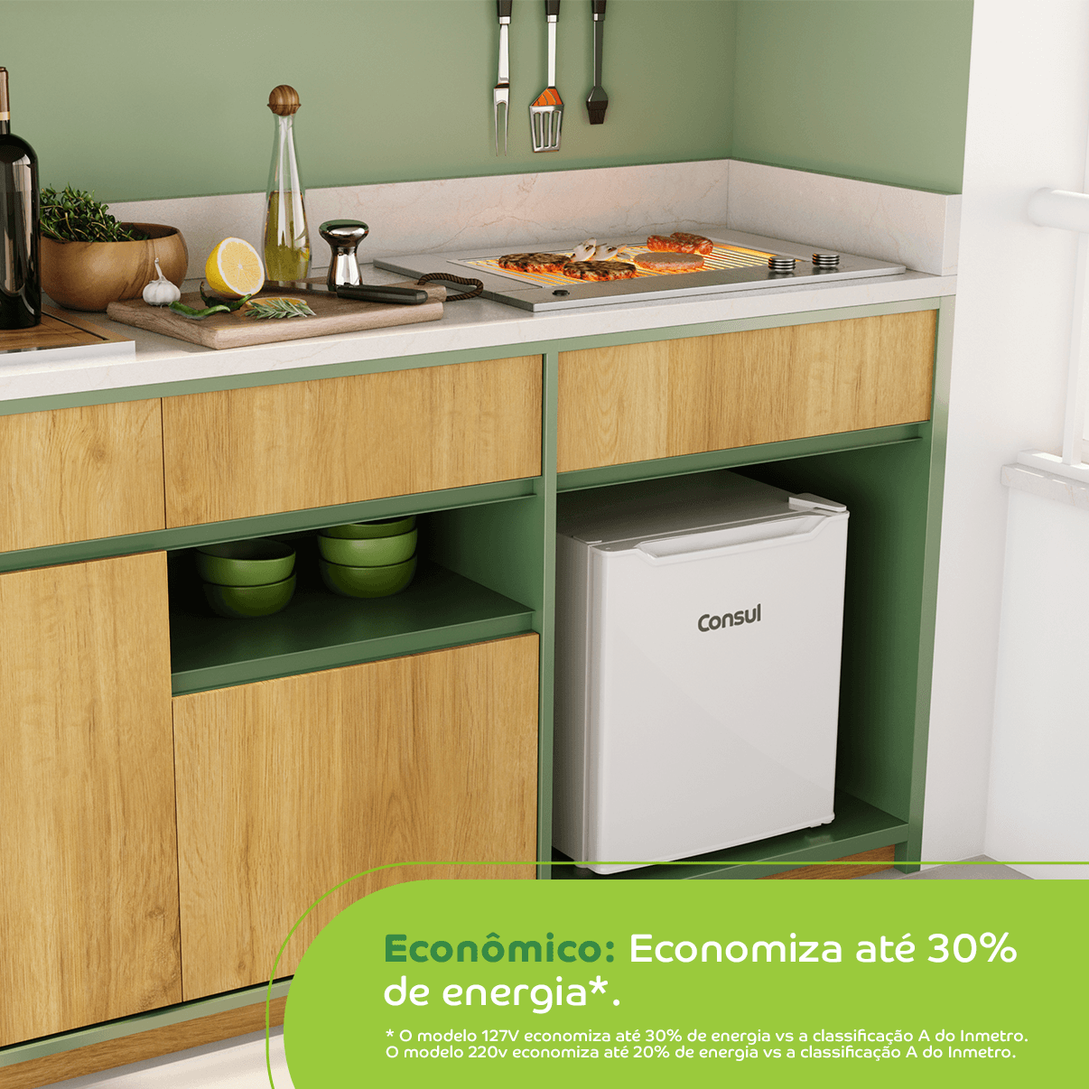 Além de economizar idas até a cozinha, seu frigobar economiza até 30% de energia*. Tenha bebidas e snacks gelados sem abrir mão da economia. * O modelo 127V economiza até 30% de energia vs a classificação A do Inmetro. O modelo 220v economiza até 20% de energia vs a classificação A do Inmetro.