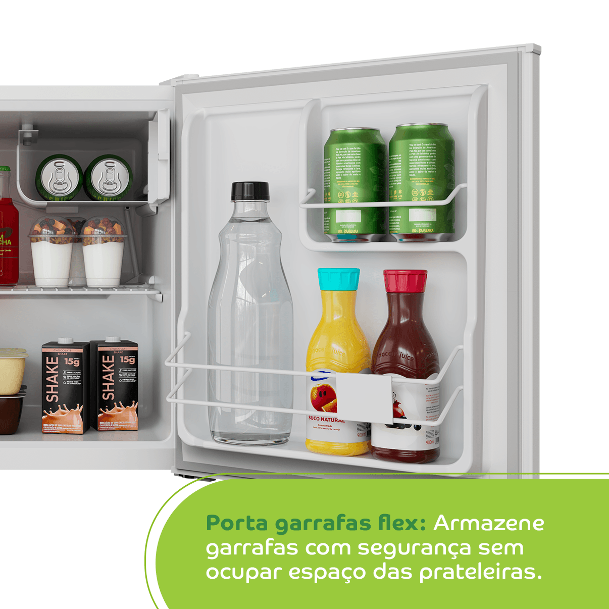 Armazene garrafas com segurança sem ocupar espaço das prateleiras. Com o separador de garrafas, seu frigobar evita que itens maiores caiam ao abrir a porta.