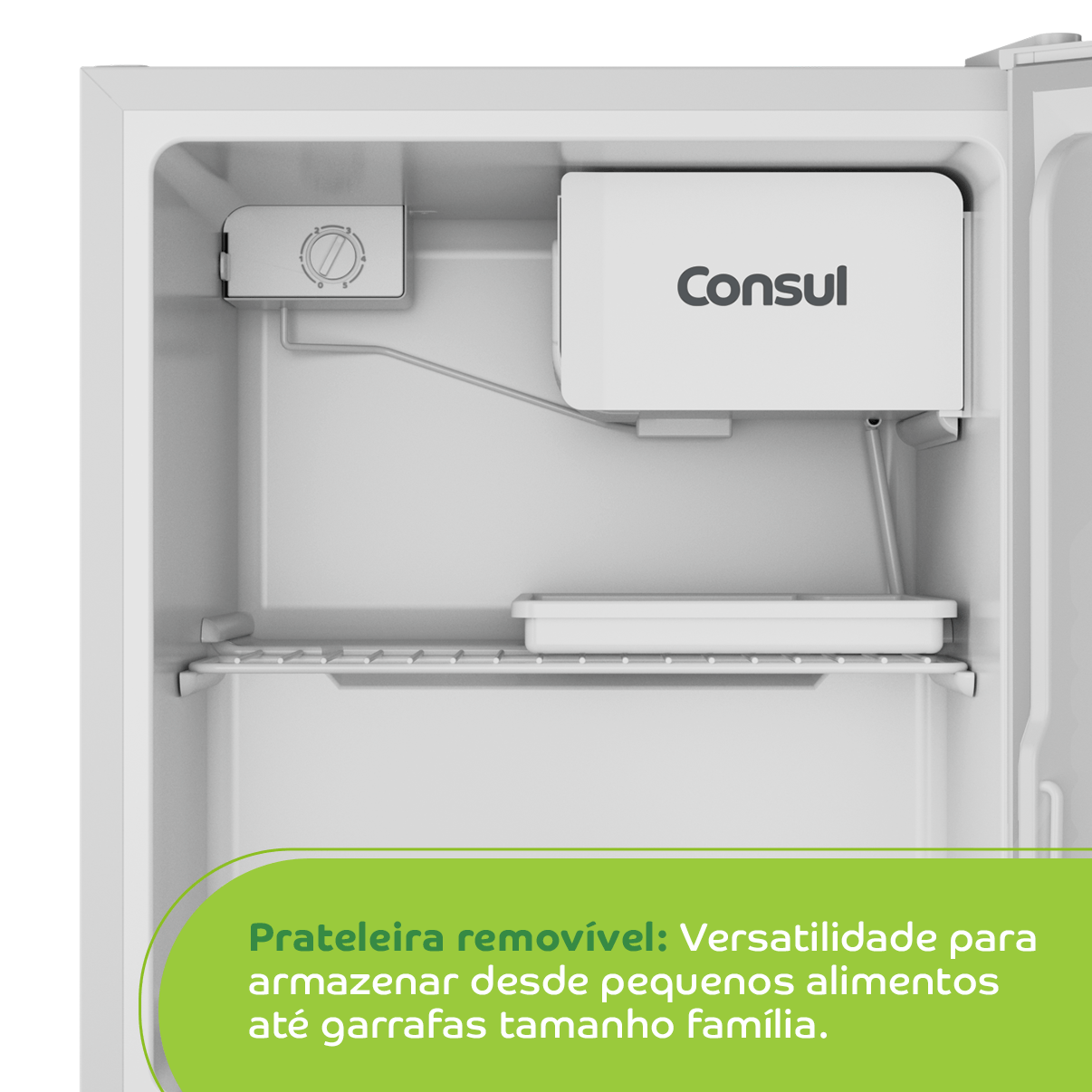 Modifique o espaço interno em um estalar de dedos! Com a versatilidade da prateleira removível, armazene desde pequenos alimentos, até garrafas tamanho família.