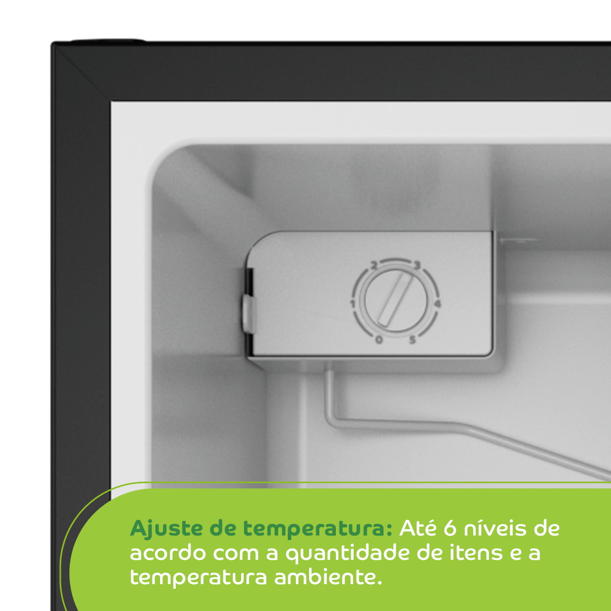Cheio ou vazio? Frio ou calor? Ajuste a temperatura do seu frigobar em até 6 níveis de acordo com a quantidade de itens e a temperatura ambiente.