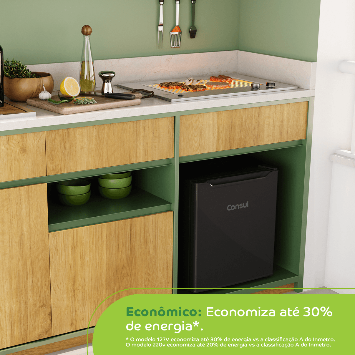 Além de economizar idas até a cozinha, seu frigobar economiza até 30% de energia*. Tenha bebidas e snacks gelados sem abrir mão da economia. * O modelo 127V economiza até 30% de energia vs a classificação A do Inmetro. O modelo 220v economiza até 20% de energia vs a classificação A do Inmetro.