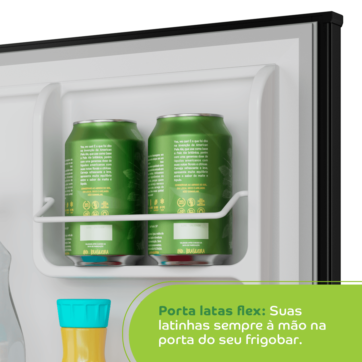 Suas latinhas sempre à mão, e organizadas em um compartimento especial na porta do seu frigobar.