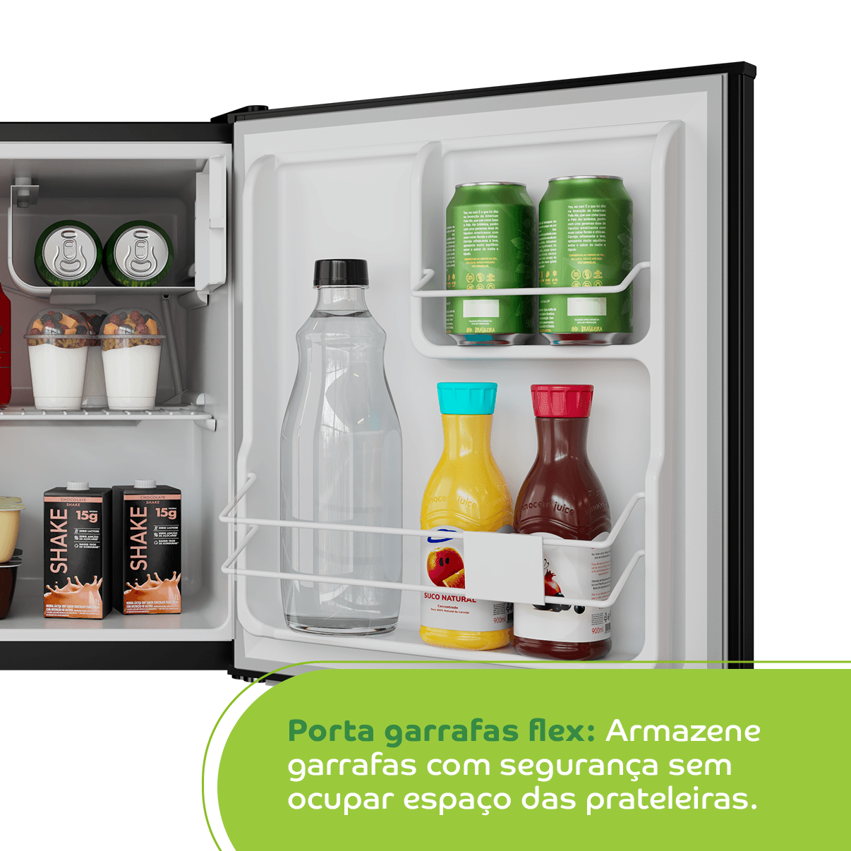 Armazene garrafas com segurança sem ocupar espaço das prateleiras. Com o separador de garrafas, seu frigobar evita que itens maiores caiam ao abrir a porta.