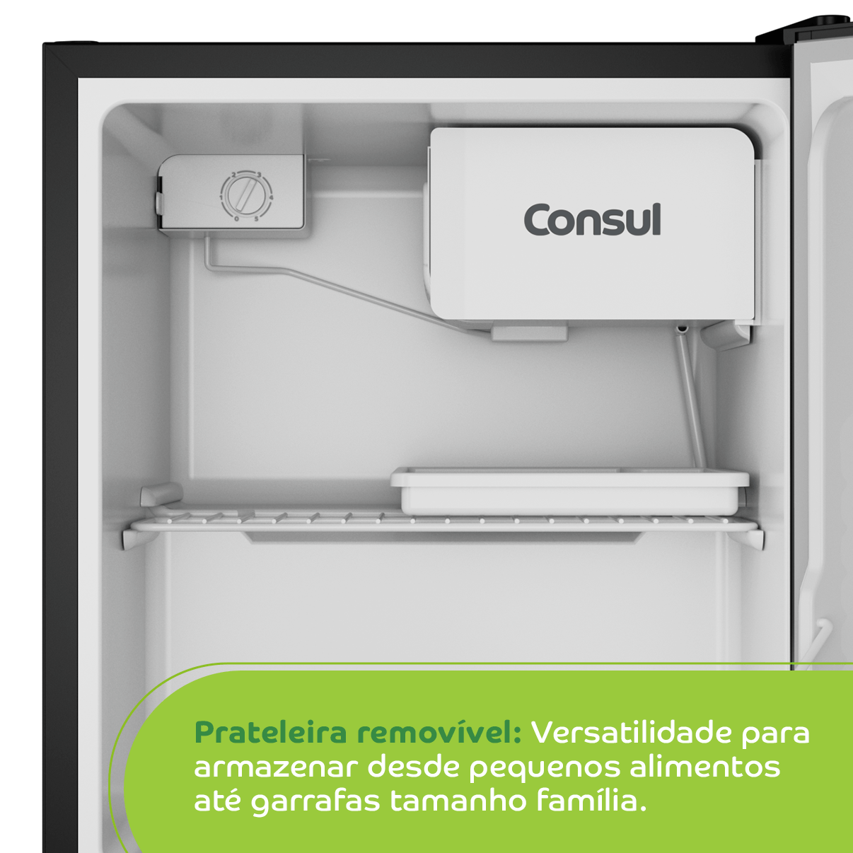 Modifique o espaço interno em um estalar de dedos! Com a versatilidade da prateleira removível, armazene desde pequenos alimentos, até garrafas tamanho família.