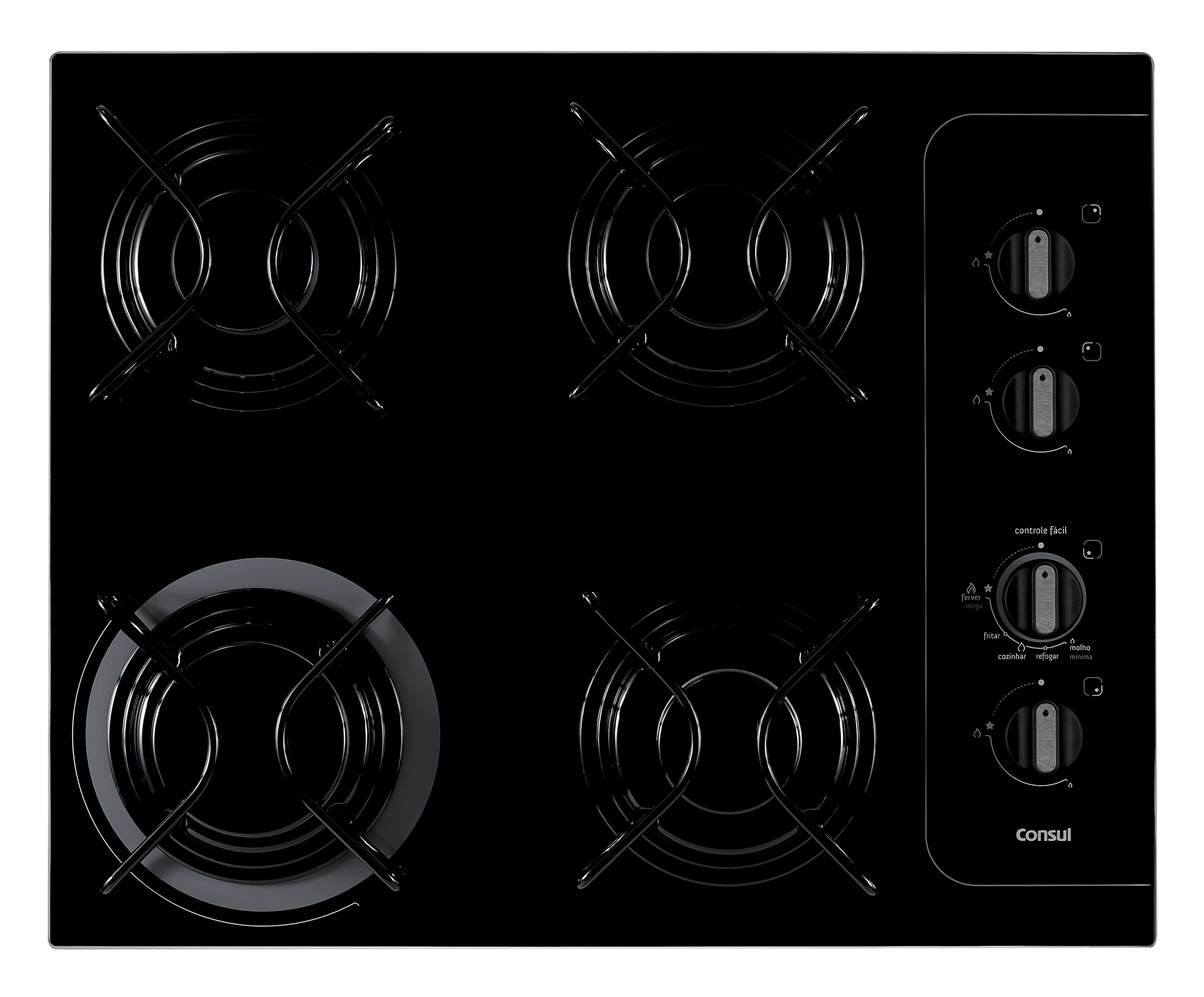Cada boca do cooktop a gás tem o tamanho ideal para cada tipo de panela. Com a legenda P, M, G em cada queimador, fica fácil saber qual usar. Consulte no Manual mais detalhes para utilizar o cooktop da forma certa e segura.