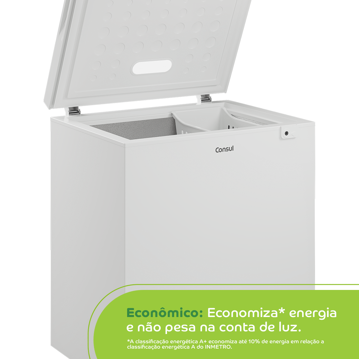 Seu freezer com eficiência energética comprovada que economiza* energia e não pesa na sua conta de luz. *A classificação energética A+ economiza até 10% de energia em relação a classificação energética A do INMETRO.