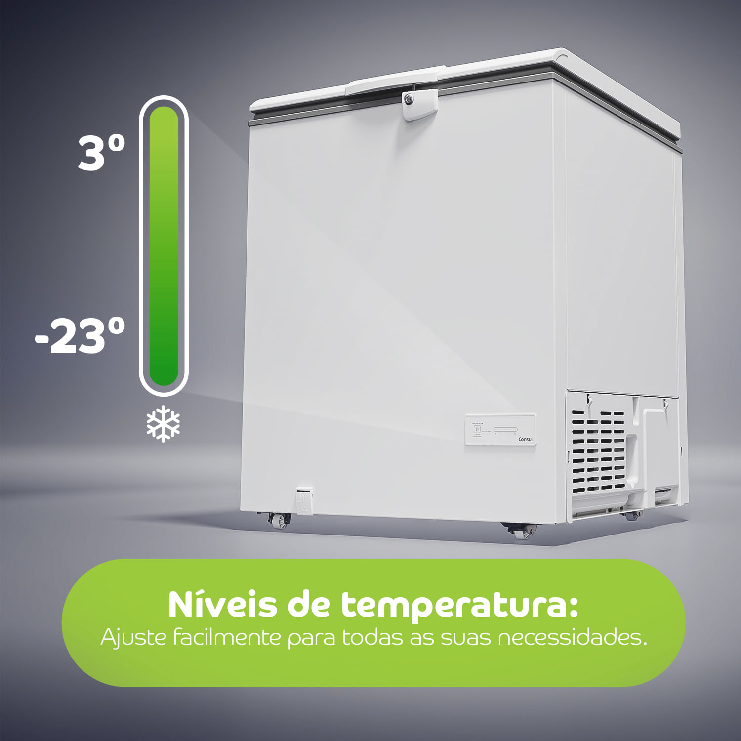 É dois em um: você escolhe entre freezer ou geladeira. Com 5 níveis de temperatura, de 3ºC a -23ºC³, você pode ajustar facilmente para todas as suas necessidades com o toque de um botão.