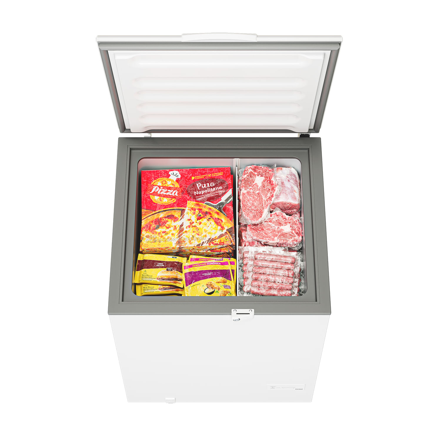 A limpeza do freezer ficou muito mais prática. Com o dreno frontal, a água do degelo escoa sem esforço. Basta colocar uma vasilha embaixo para recolher o gelo derretido, sem bagunça.