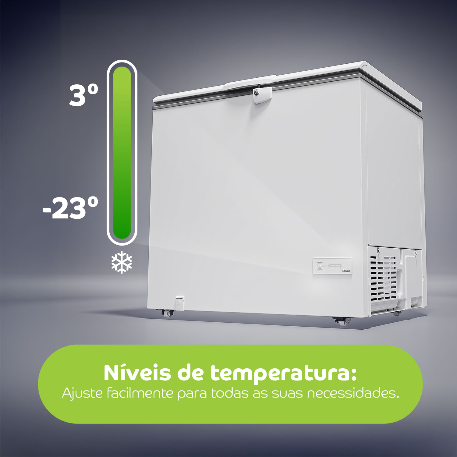 É dois em um: você escolhe entre freezer ou geladeira. Com 5 níveis de temperatura, de 3ºC a -23ºC³, você pode ajustar facilmente para todas as suas necessidades com o toque de um botão.