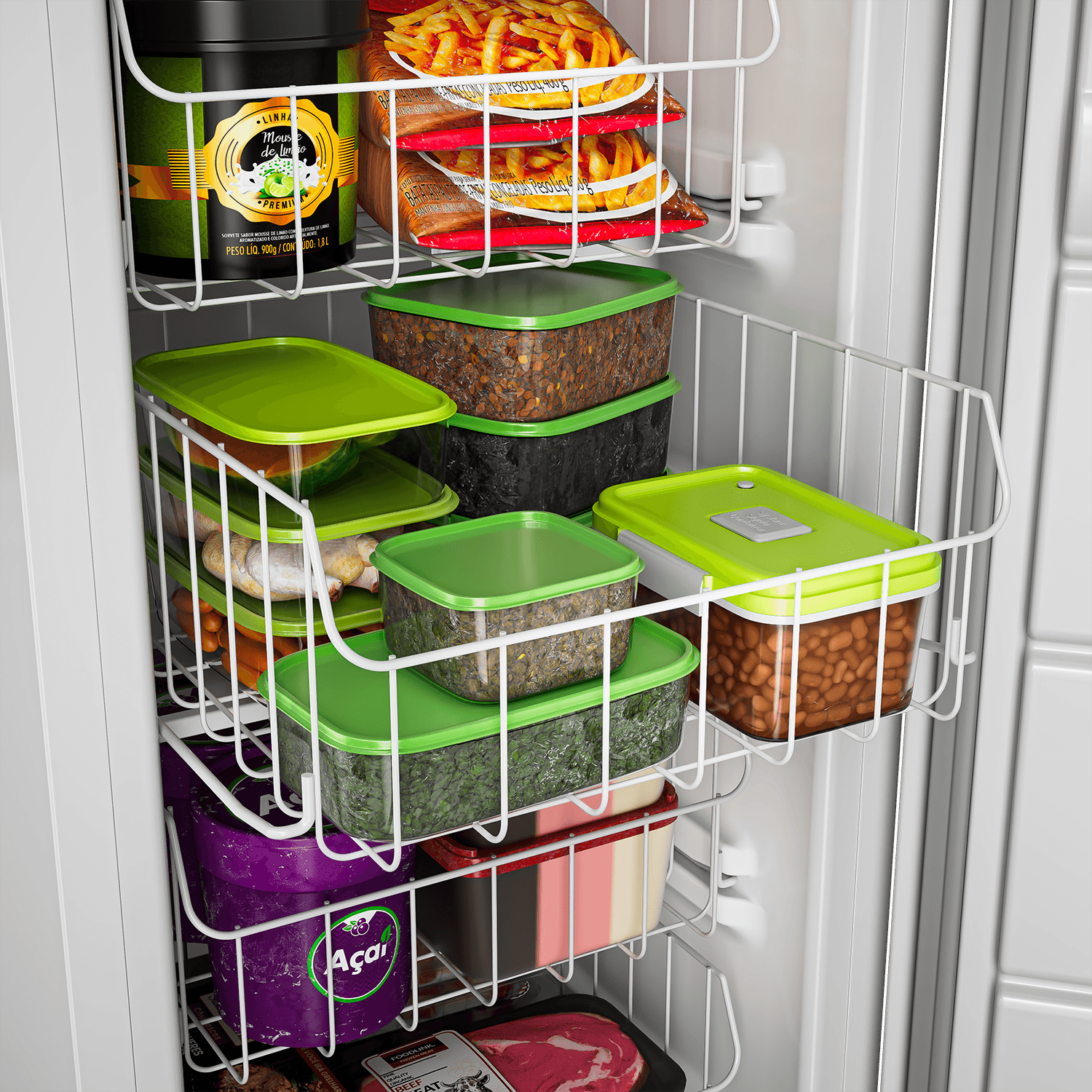 Os 4 cestos são deslizantes e removíveis, auxiliando na organização e acesso aos seus alimentos e bebidas, além de facilitar na hora da limpeza.