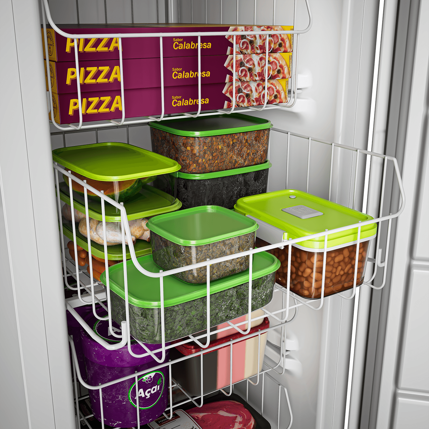 Os 5 cestos são deslizantes e removíveis, auxiliando na organização e acesso aos seus alimentos e bebidas, além de facilitar na hora da limpeza.