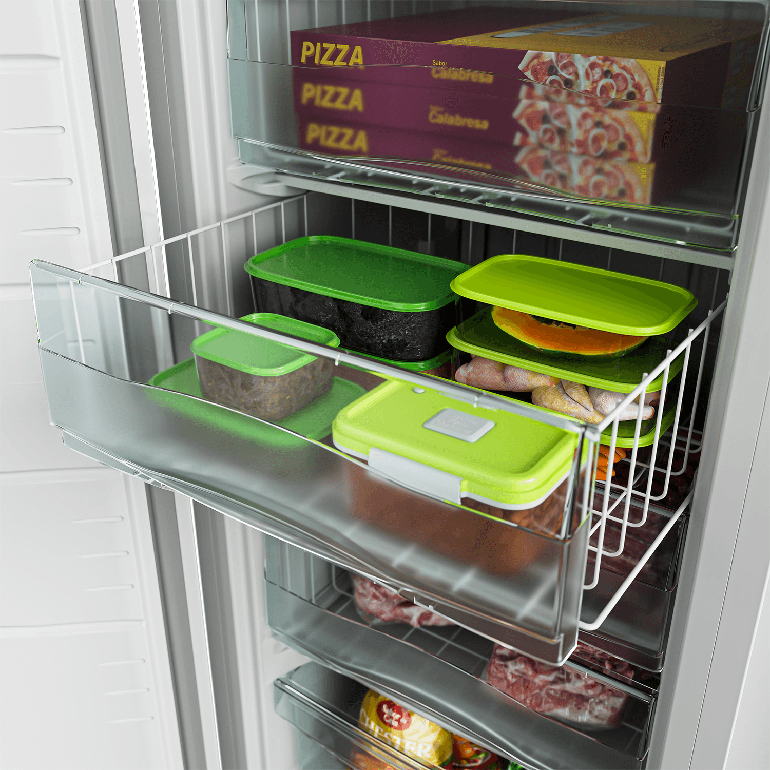 Os 5 cestos são deslizantes e removíveis, auxiliando na organização e acesso aos seus alimentos e bebidas, além de facilitar na hora da limpeza.