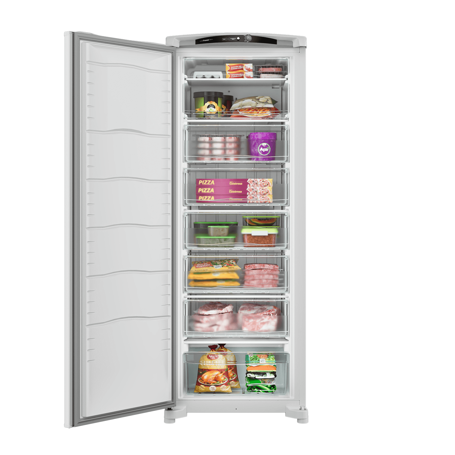 Chega de malabarismo para organizar os seus congelados! 6x maior que o freezer de uma geladeira*, é espaçoso por dentro e se encaixa perfeitamente em qualquer lugar da sua casa.[2]