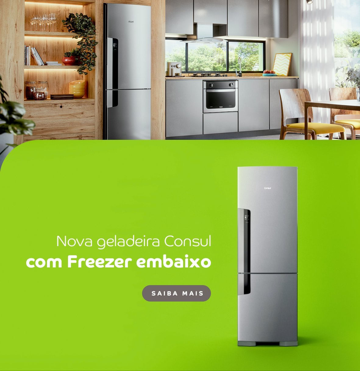 Com uma geladeira com freezer embaixo, os alimentos do dia-a-dia ficam na altura ideal para você encontrar tudo em um piscar de olhos. Facilita na organização e na limpeza, além de ser mais prática para pegar os produtos.
