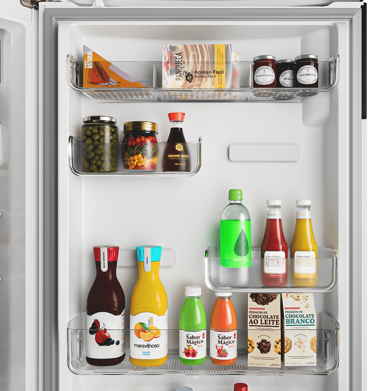 Já pensou em adaptar a porta da geladeira às suas necessidades? Agora dá! Com os compartimentos ajustáveis você organiza alimentos e bebidas do seu jeito.