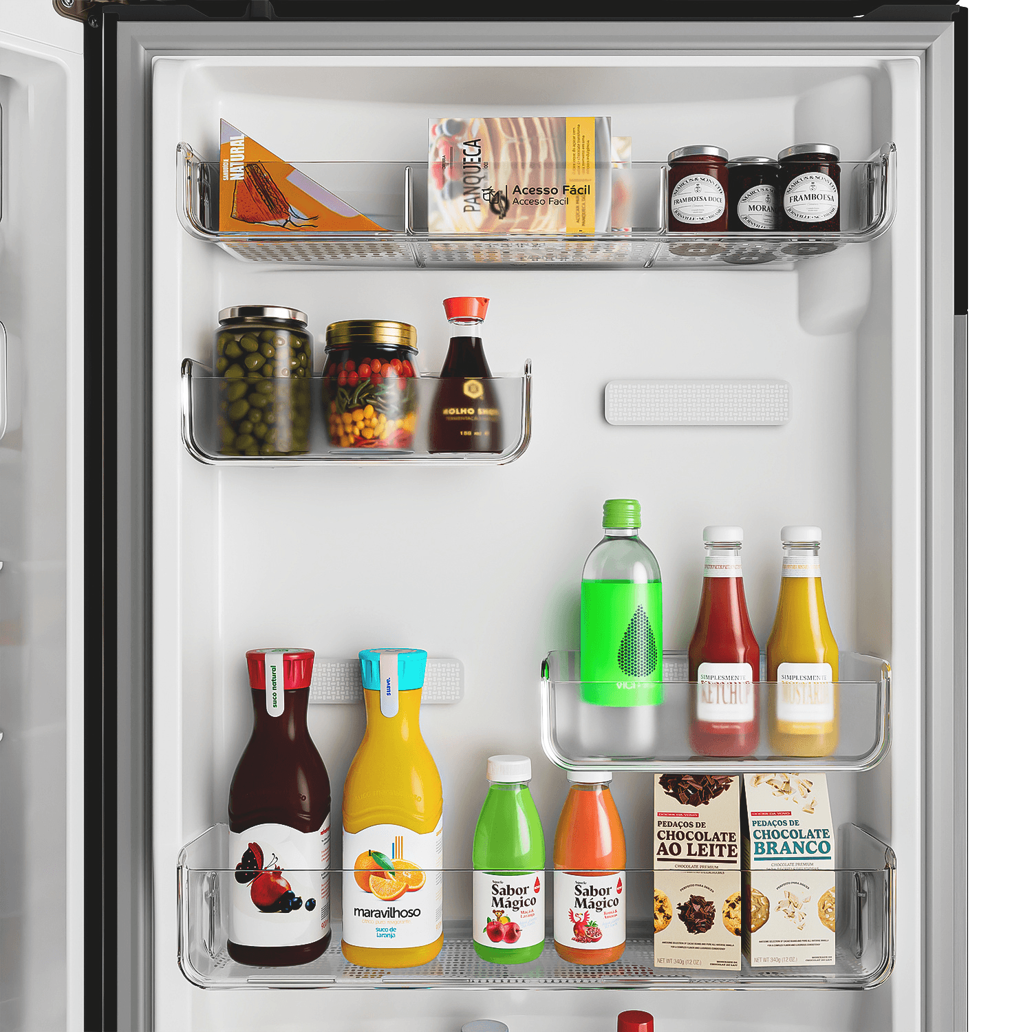 Já pensou em adaptar a porta da geladeira às suas necessidades? Agora dá! Com os compartimentos ajustáveis você organiza alimentos e bebidas do seu jeito.