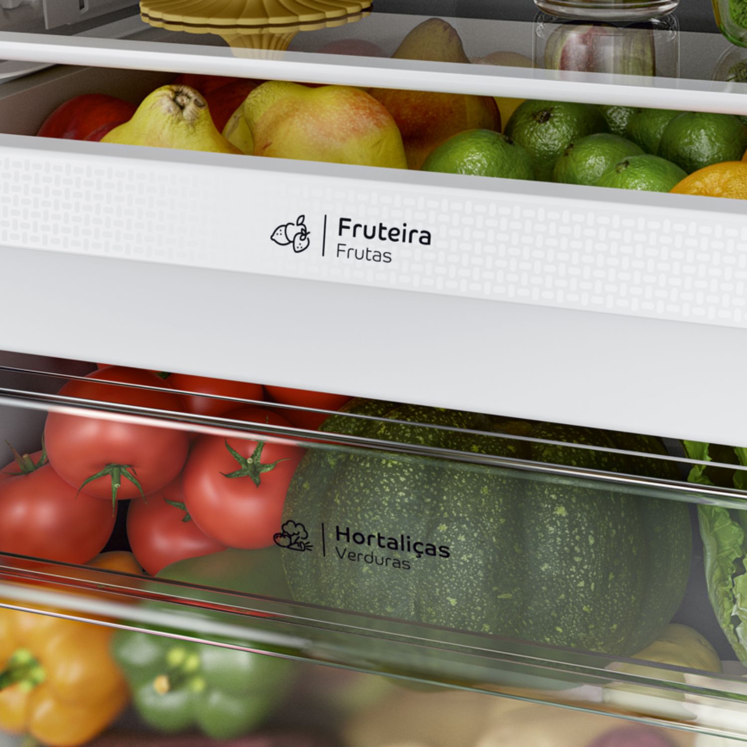 Compartimento bem pensado exclusivo para frutas, evitando que elas fiquem perdidas entre verduras e legumes. Tudo organizado e sempre à mão. É o fim do desperdício de frutas esquecidas no fundo da gaveta.