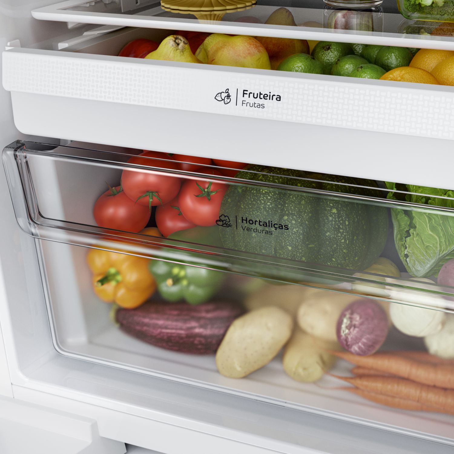 Espaço bem pensado para frutas e legumes. Deixe os seus alimentos frescos e delicados bem-organizados e fáceis de encontrar.