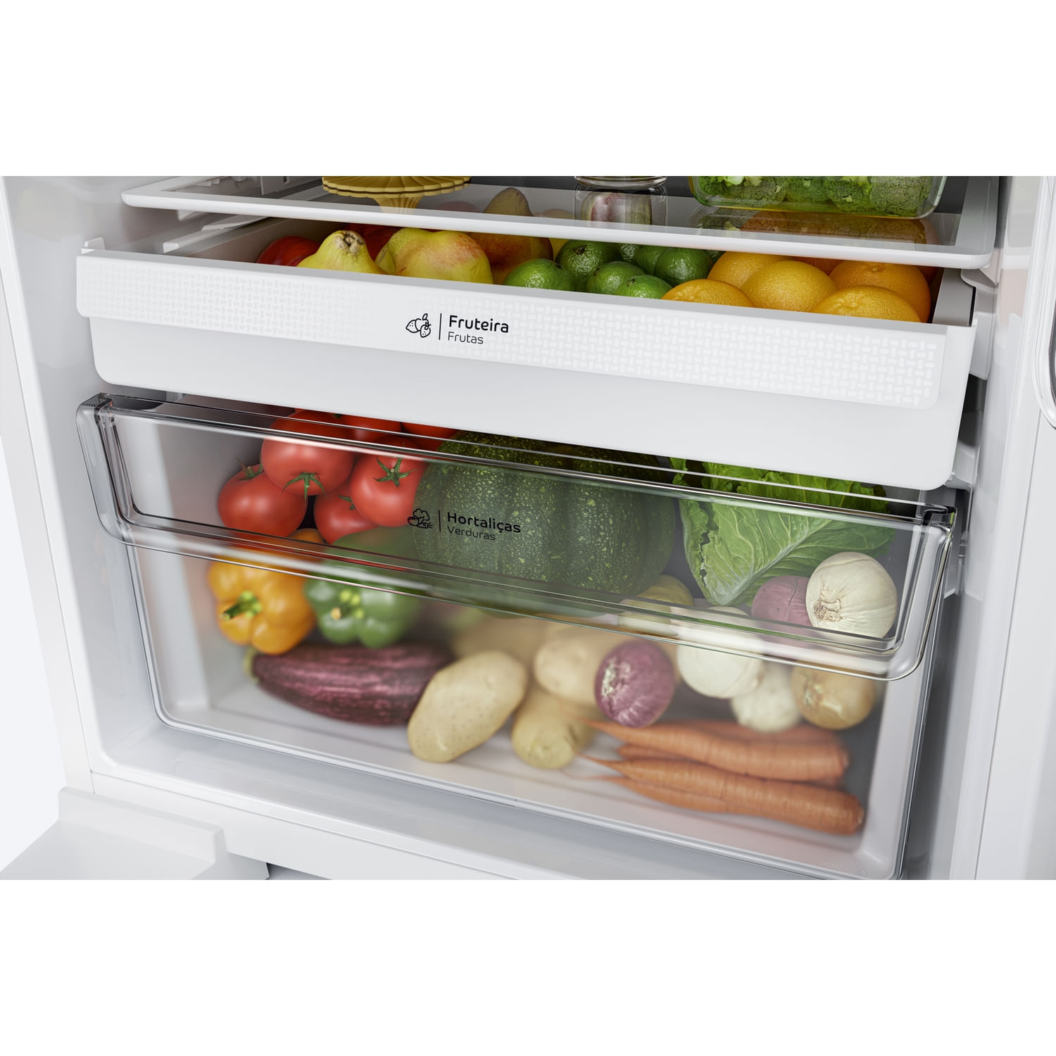 Espaço bem pensado para frutas e legumes. Deixe os seus alimentos frescos e delicados bem-organizados e fáceis de encontrar.