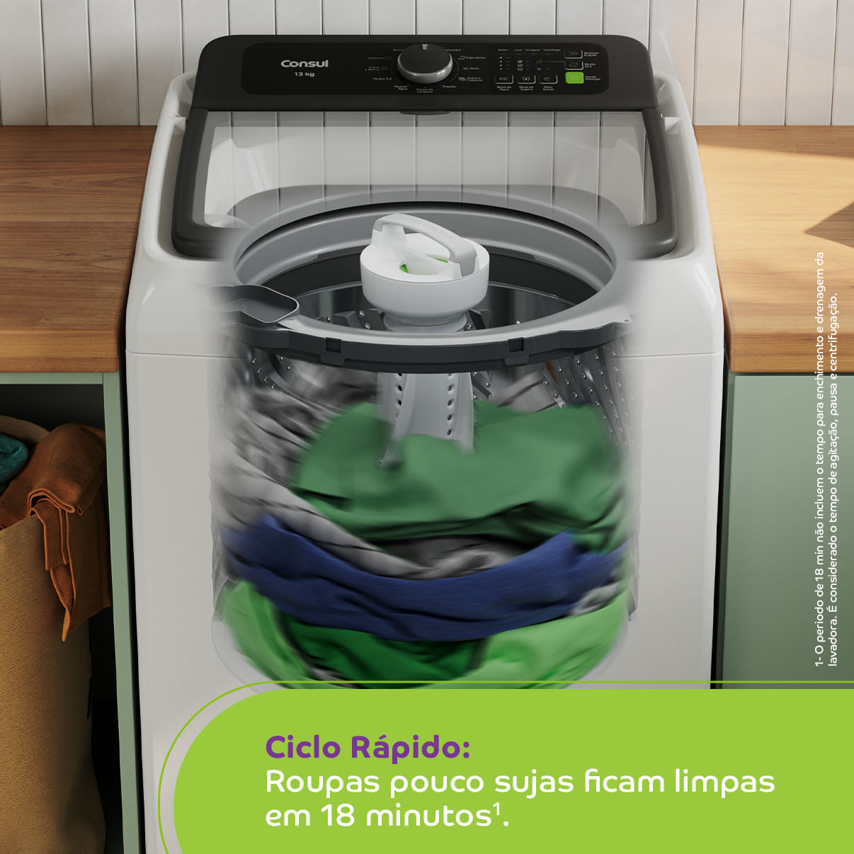 Roupas poucos sujas ficam limpas em 18 minutos[6] e está tudo pronto para estender no varal! Seu tempo bem aproveitado.