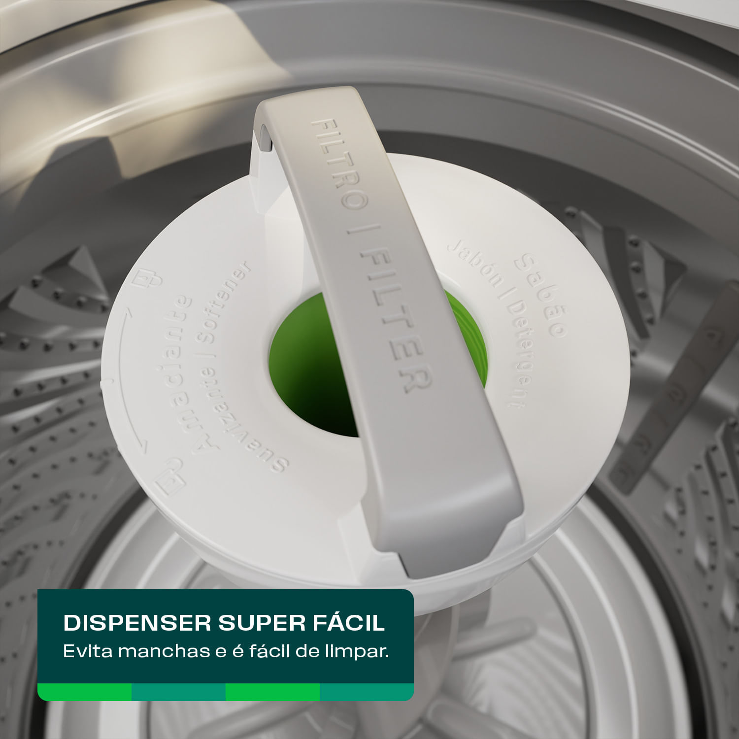 O exclusivo dispenser central é fácil de limpar e distribui o sabão e o amaciante por igual, evitando manchas.