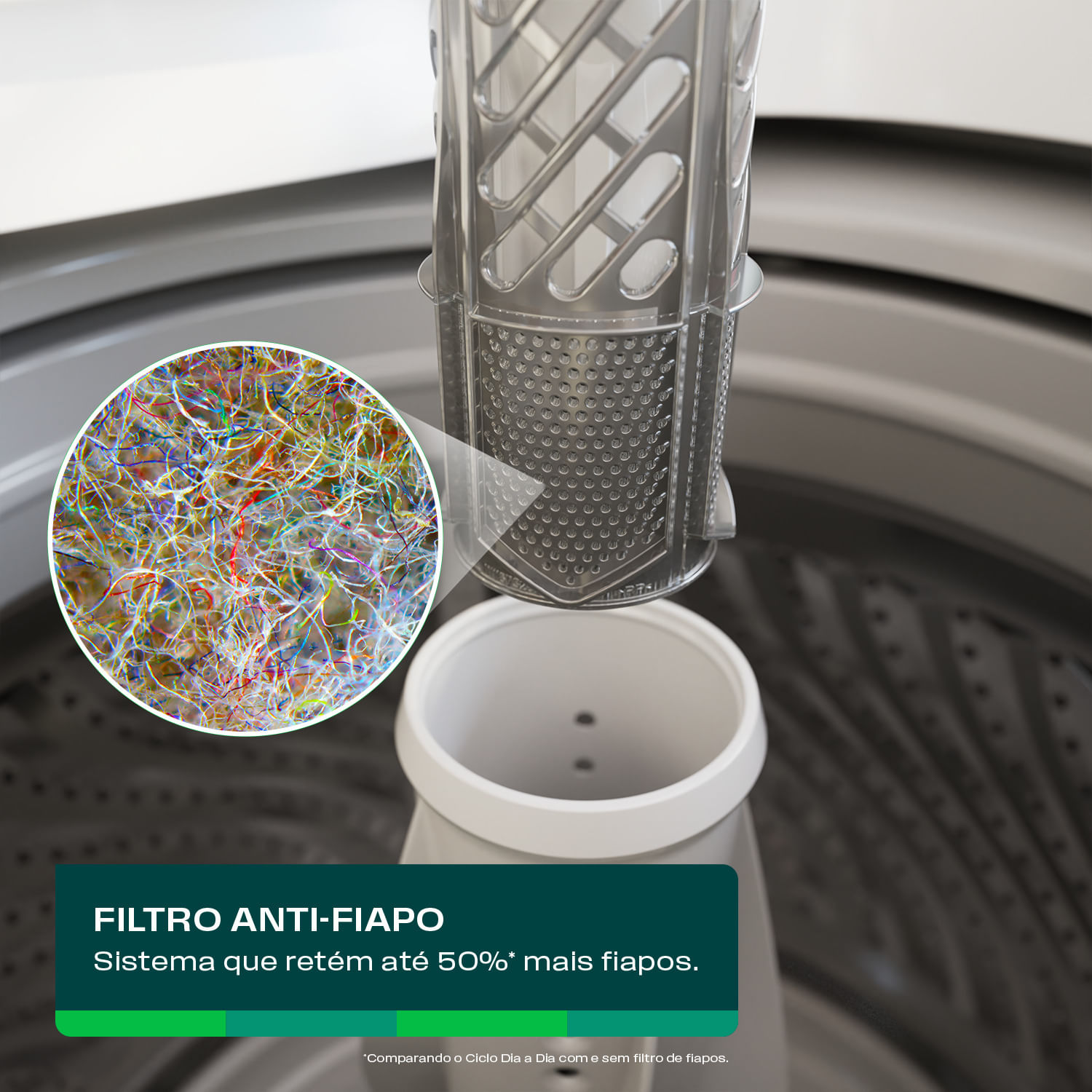 O novo sistema de filtragem da Consul retém até 50%[7] mais de fiapos, deixando a sua roupa com aparência renovada.
