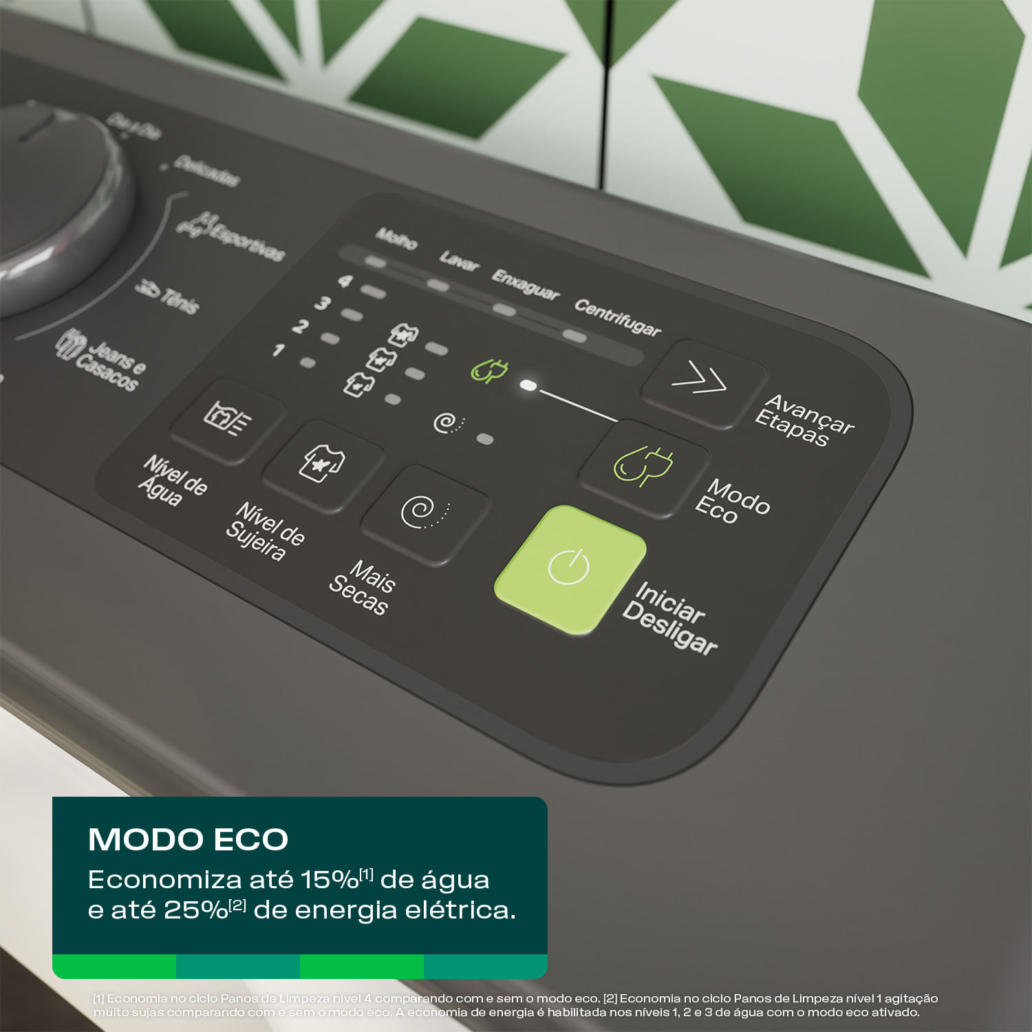 Com o Modo Eco você economiza até 15%[1] de água e até 25%[2] de energia elétrica. É só escolher qualquer ciclo, selecionar essa opção e pronto!