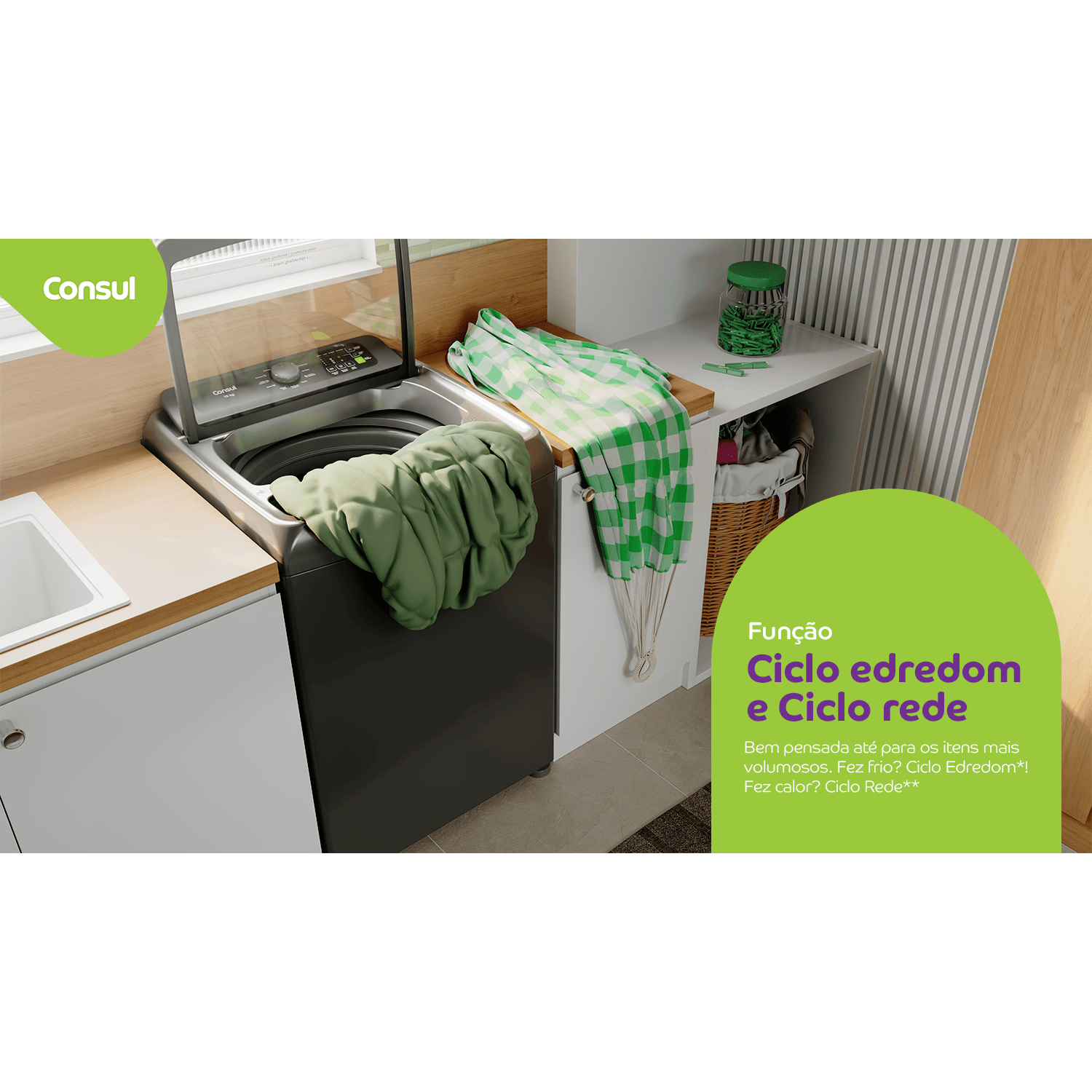 Bem pensada até para os itens mais volumosos. Fez frio? Ciclo Edredom[5]! Fez calor? Ciclo Rede[7]. Ciclos adaptados para diferentes necessidades sem danificar os tecidos, para você relaxar durante e depois da lavagem.