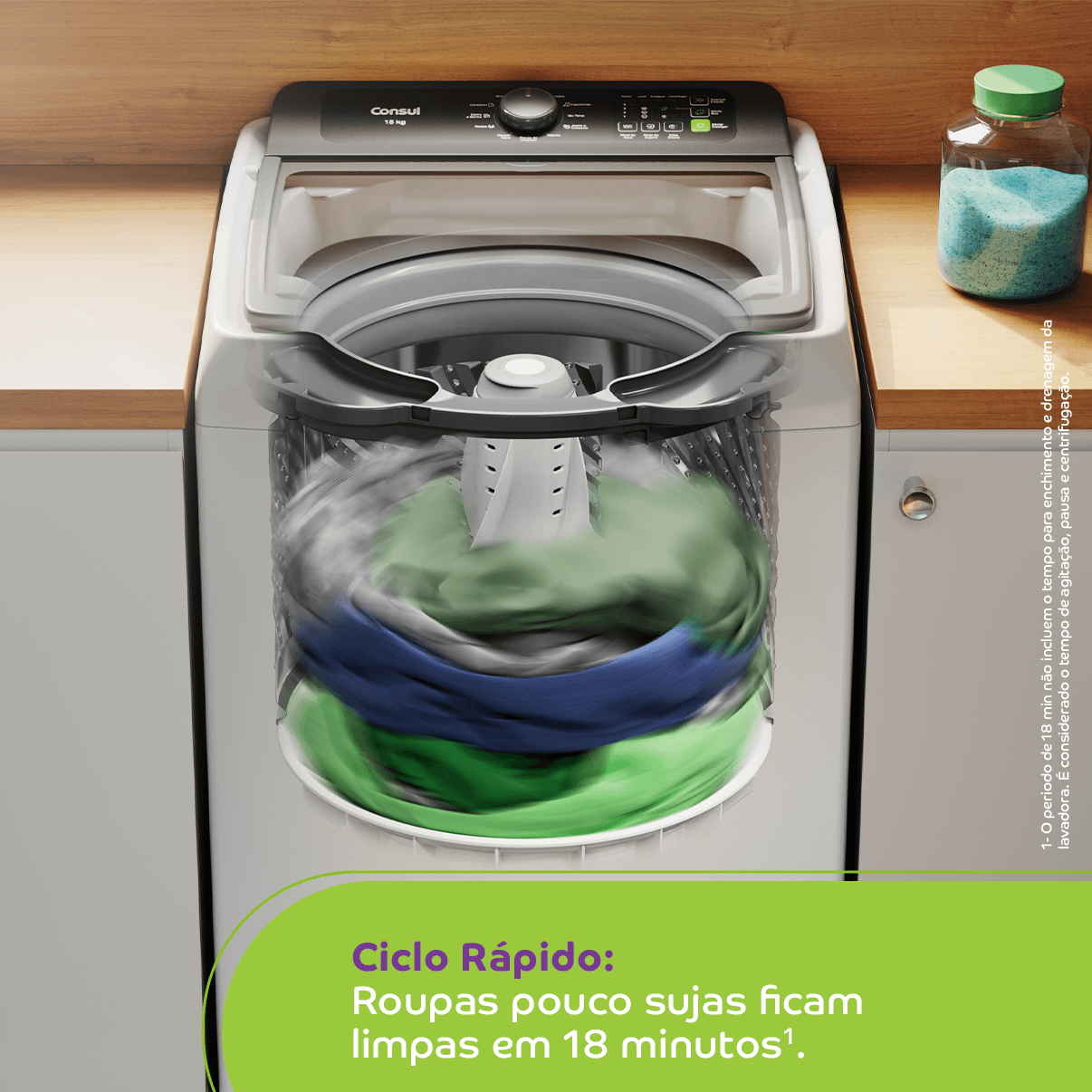 Roupas poucos sujas ficam limpas em 18 minutos[6] e está tudo pronto para estender no varal! Seu tempo bem aproveitado.