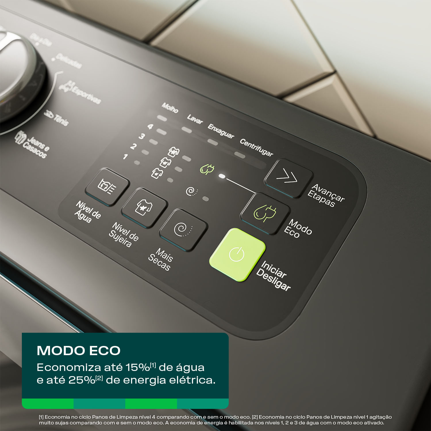Com o Modo Eco você economiza até 15%[1] de água e até 40%[2] de energia elétrica. É só escolher qualquer ciclo, selecionar essa opção e pronto!