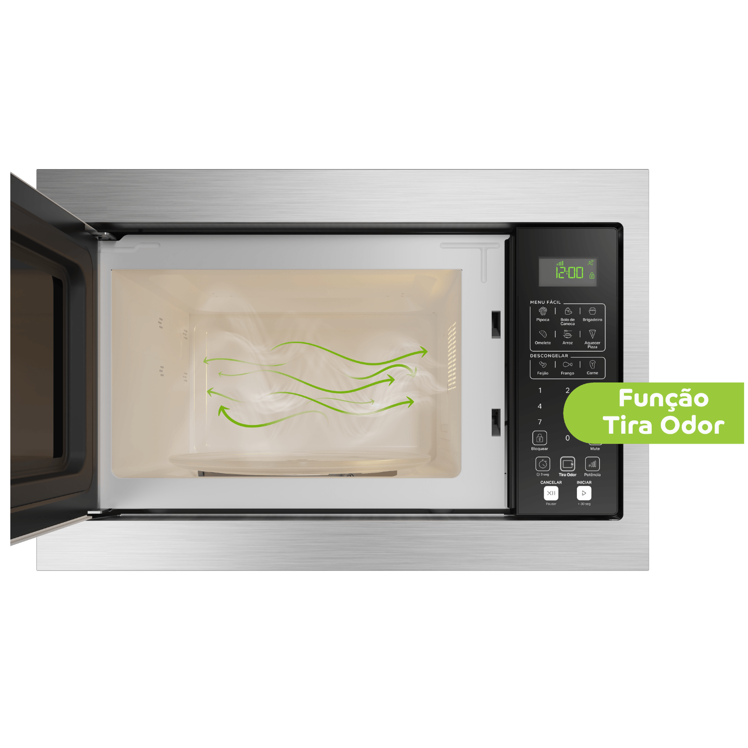 Esta função suaviza os odores que ficam no interior do forno após o preparo dos alimentos. Chega de micro-ondas com cheiro de comida!